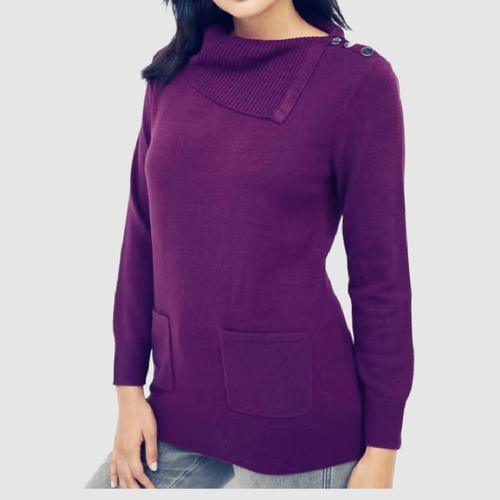 New York & Co. Dark Purple Button-Detail Cowl-Neck Tunic Sweater XXL